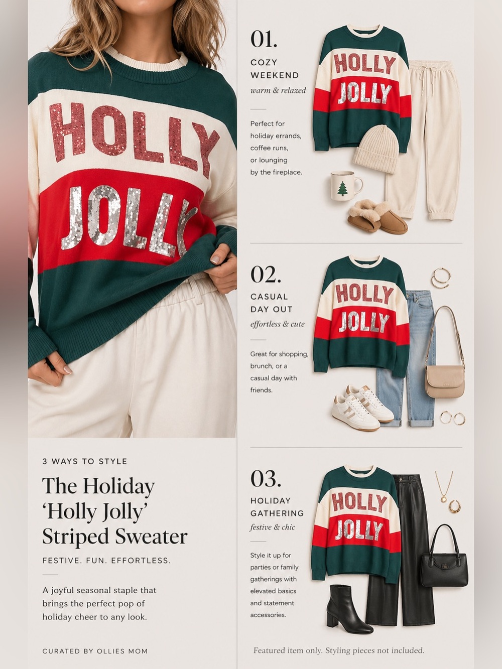 Fantastic Fawn Holiday 'Holly Jolly' Striped Sweater Teal, Cream, Red Large NWOT
